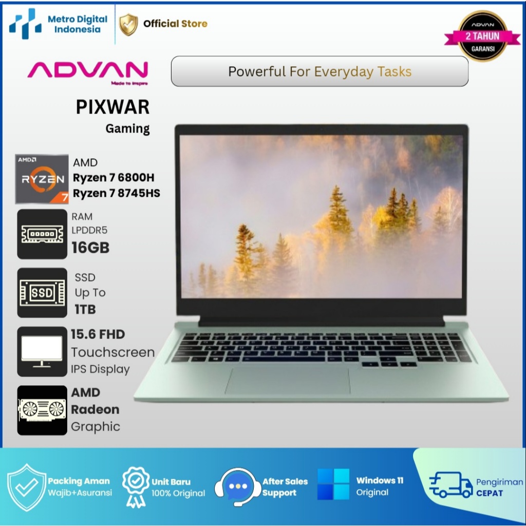 ADVAN Pixwar Gaming AMD RYZEN 7 6800H RAM16GB SSD1TB 15.6 FHD IPS Windows 11
