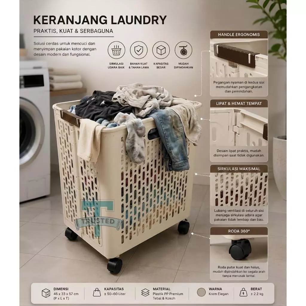 Keranjang Lipat Laundry Plastik Beroda Minimalis Tempat Baju Pakaian Kotor | 001