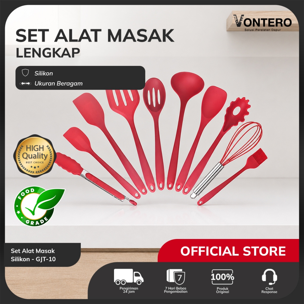 Vontero 10 in 1 Set Masak Silicone Kitchen Spatula Cooking Set BPA Spatula Silicon Serbaguna | GJT-10