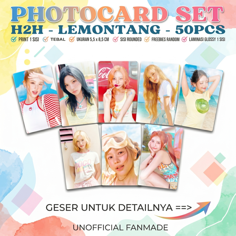 Isi 50pcs PC H2H LEMONTANG Photocard Kpop 5.5x8.6 cm Premium Tebal Glossy 1 Sisi Rounded Corner Tidak Pudar Freebies Bonus Random