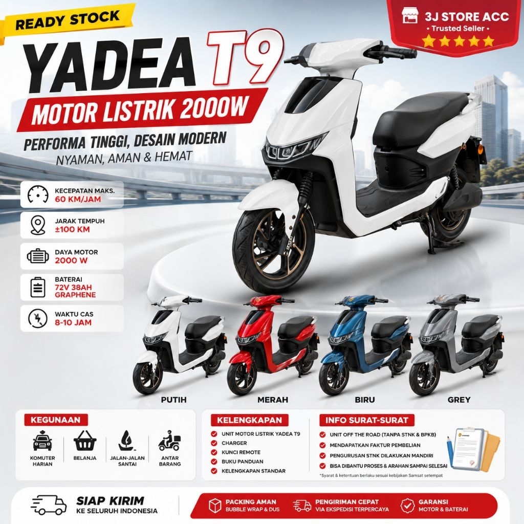 Yadea T9 Motor Listrik 2000W Original Ready Putih Merah Biru Grey Jarak 100KM Kecepatan 60KM Jam Graphene Battery