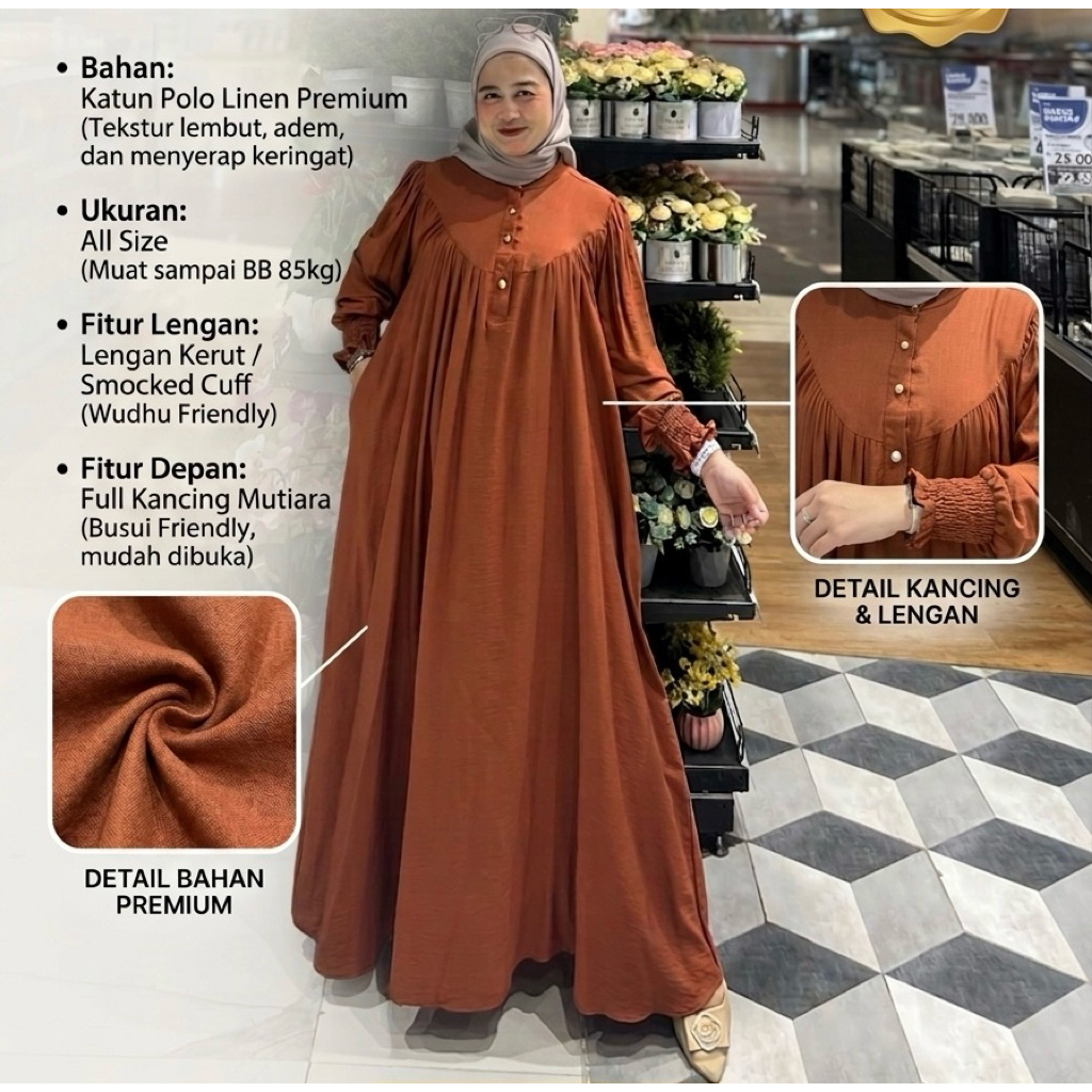 MAHIRA GAMIS DRESS POLO LINEN PREMIUM BUSUI KANCING MUTIARA MEWAH MUSLIMAH CANTIK