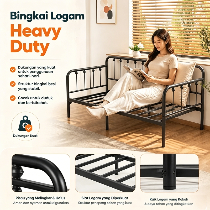 sofa bed besi dengan pilihan lebar 80 cm dan 100 cm, menampilkan perbedaan proporsi ruang