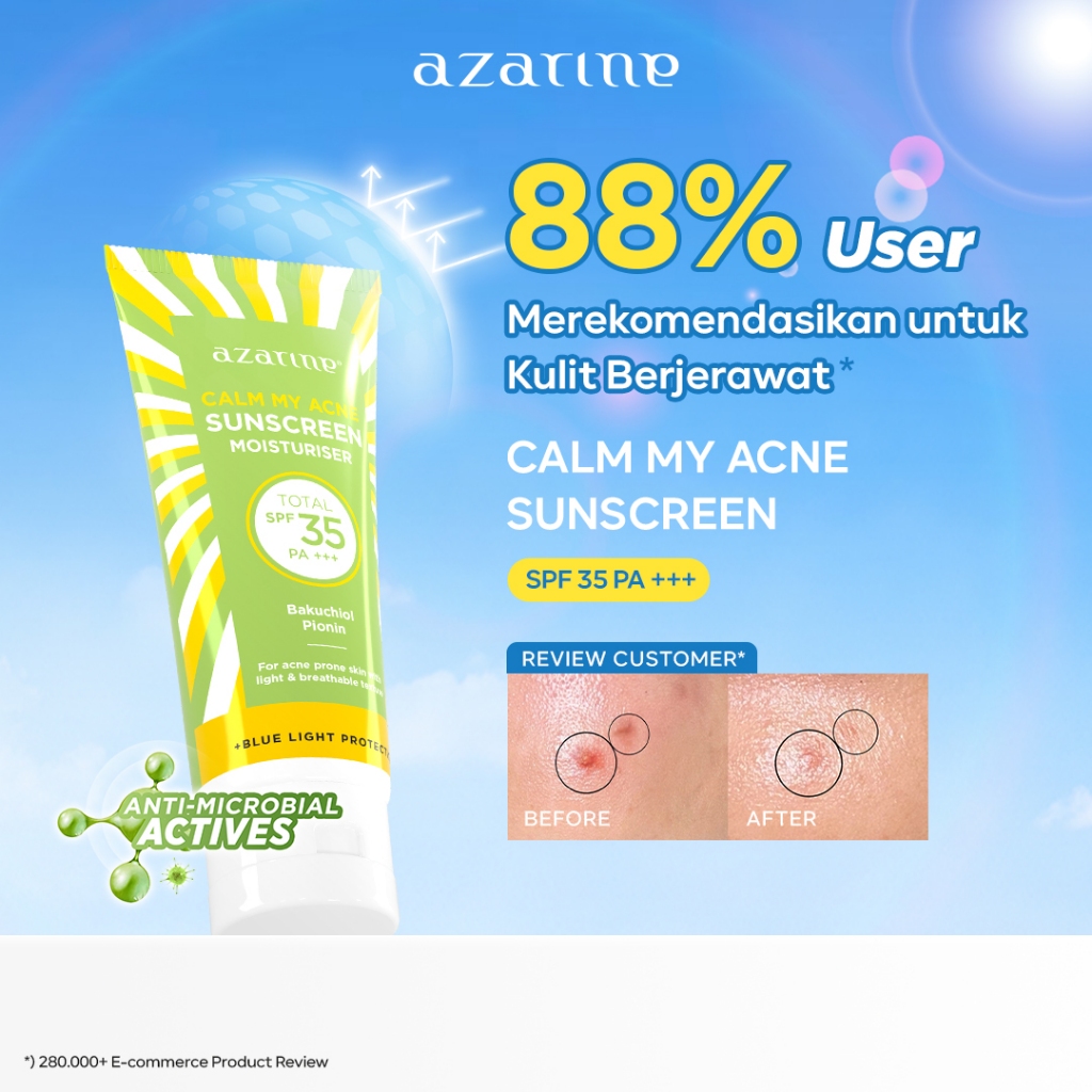 Azarine Calm My Acne Sunscreen Moisturiser SPF35 PA+++ [LOLOS UJI INVIVO INVITRO] Chemical Sunscreen Gel Untuk Kulit Berminyak Berjerawat Sensitif 40ml