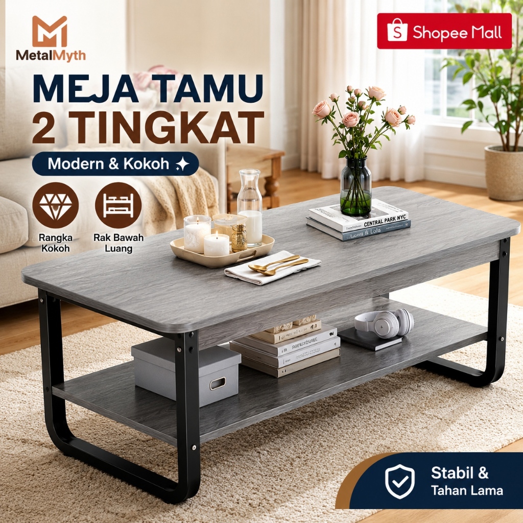 MetalMyth Meja Kopi Meja Ruang Tamu Motif Marmer Solid Desain Minimalis Modern 120cm