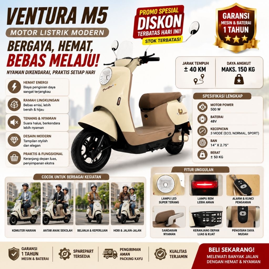 Motor Listrik Ventura M5 500W 48V Jarak 40KM Sepeda Listrik Modern Hemat Energi Nyaman Harian Garansi Resmi