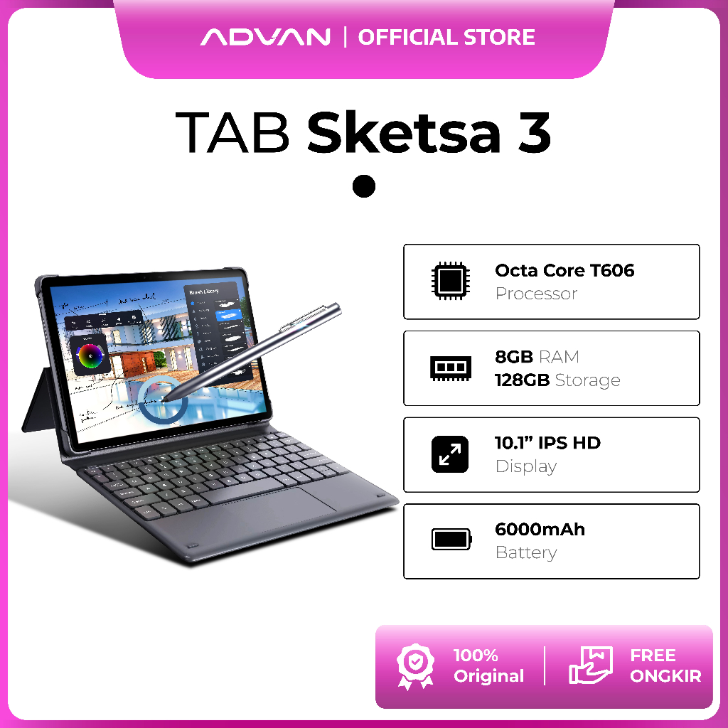 ADVAN Tab Sketsa 3 | Dual Sim Card 4G LTE | Layar 10.1” HD IPS | 128GB+RAM 6GB | Tiger T606 | Android 13 | Garansi Resmi 1 Tahun