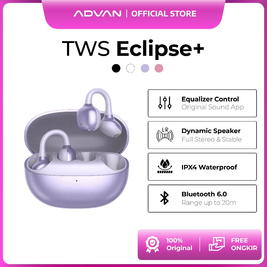 ADVAN TWS Earphone ECLIPSE+ | Open-Ear Wireless | 9 Jam Playtime | Original Sound App |  Bluetooth 6.0 | Smart Touch | IPX4 Water Resistant | Garansi Resmi 1 Tahun