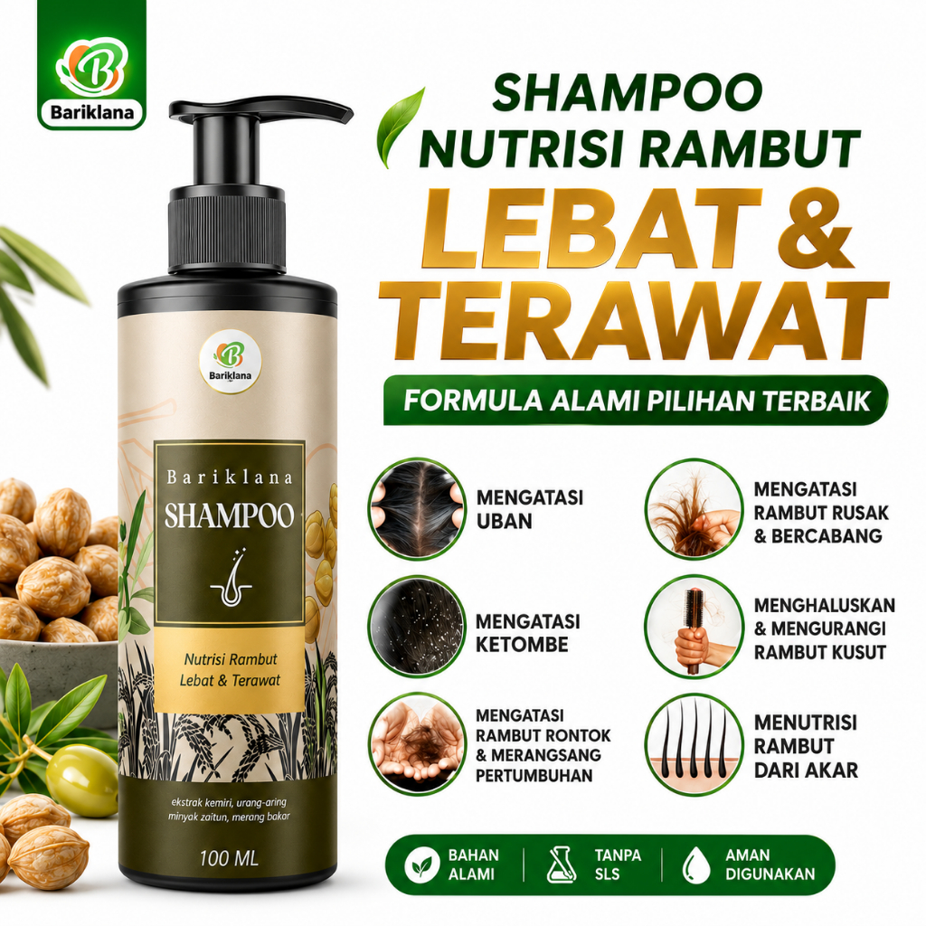 Shampoo BARIKLANA Kemiri Bakar Alami 100ml - Shampo Herbal Non-SLS Mengatasi Rambut Rontok, Uban & Menghitamkan Rambut