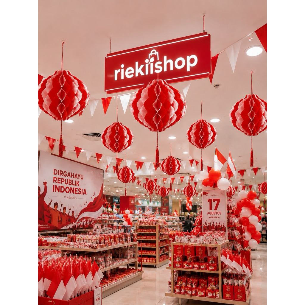 Lampion honeycomb merah putih - tawon bahan plastik tahan air dekorasi  HUT RI 17 Agustus