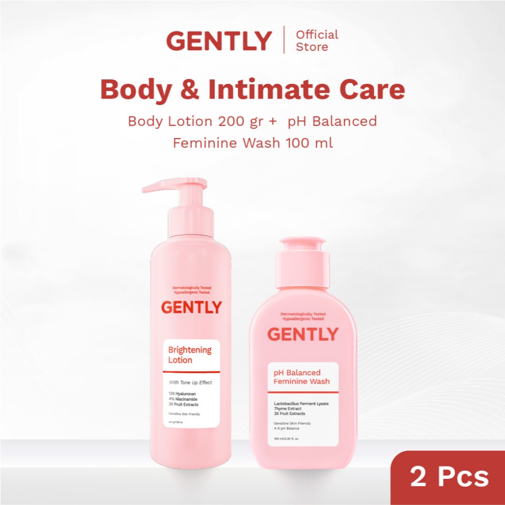 GENTLY Body & Intimate Care | pH Balanced Feminine Wash Fruit Series 100ml + Brightening Lotion 200gr | Feminine Wash Sabun Miss V | Body Lotion Mencerahkan | Untuk Kulit Sensitif