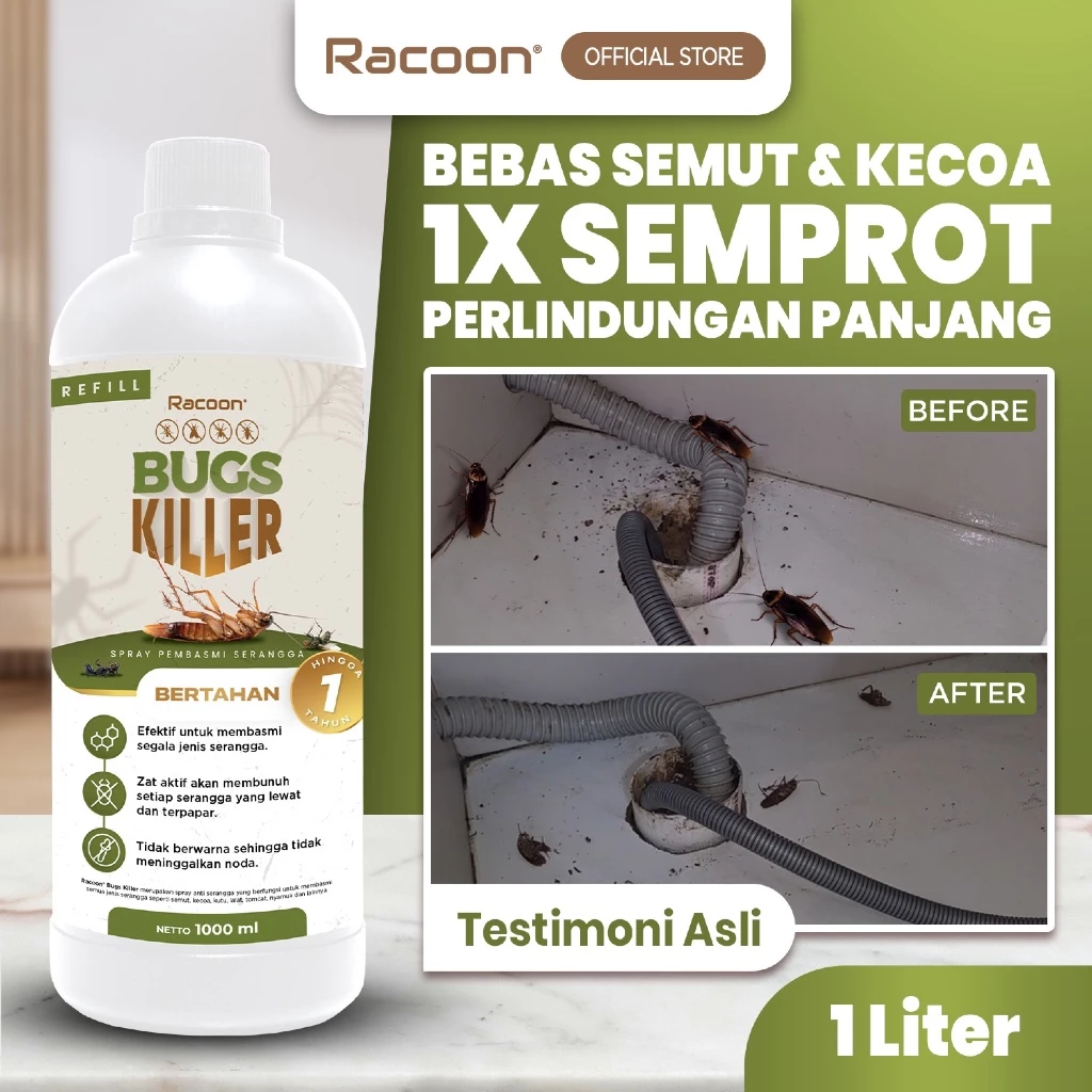 RACOON Bugs Killer REFILL Spray Anti Serangga Semut Kecoa 1 LITER / Garansi 100% Uang Kembali - foto 1