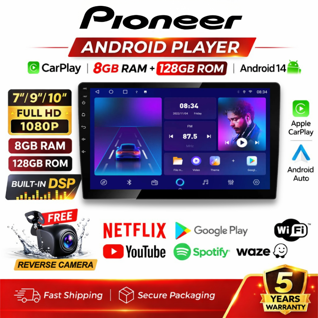 Pioneer Head Unit Android Mobil 9 Inch 10 Inch Player Quad Core 8GB+128GB Universal Semua Mobil [Hadiah Gratis]