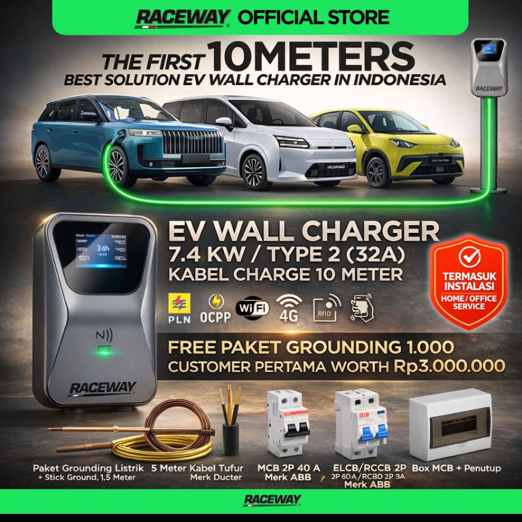 Jual RACEWAY 10 Meter Wall Charger Mobil Listrik EV 7kW Free Instalasi ...