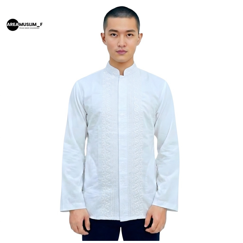 Baju Koko Putih Pria Dewasa Motif Bordir Premium Lengan Panjang Areamuslimf P01