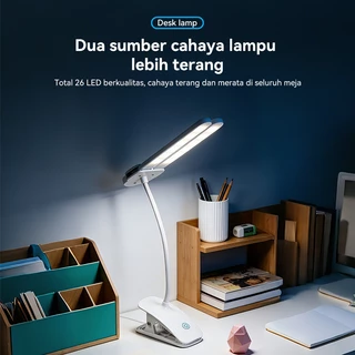 BASIKE Lampu Meja Baca DM53 Dual Head 26 LED 3 Suhu Warna Klip & Berdiri 500mAh Micro USB Rechargeable Tanpa Bayangan untuk Anak Kos & Kantor Belajar Kerja