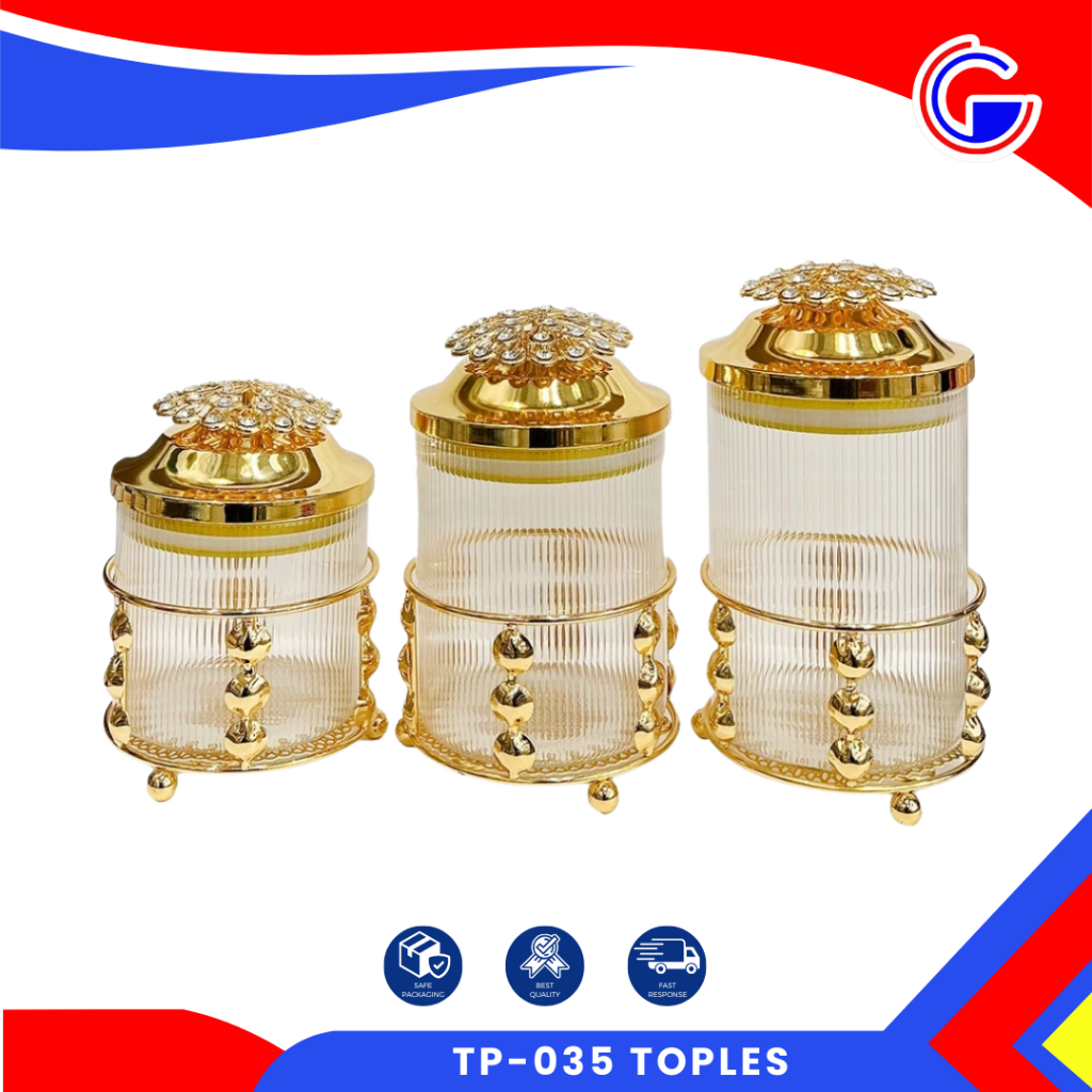Minowa Permata Toples Kaca Kaki Gold Garis Diamond Kristal - Lepas Pasang + Tatakan Kaki Emas + Tatakan Emas