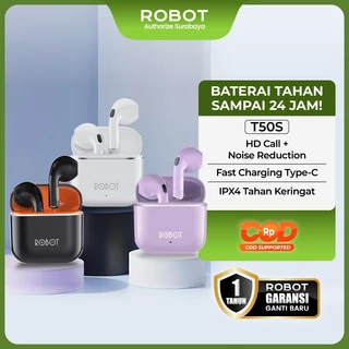 ROBOT TWS Earbuds Wireless Headset Bluetooth Bass Kuat Suara Jernih Driver 13mm Bluetooth 6.0 Anti Delay Binaural HD Call Noise Reduction IPX4 Tahan Air Keringat Baterai Awet 24 Jam Fast Charging Type C Smart Control Nyaman Dipakai TWS T50S