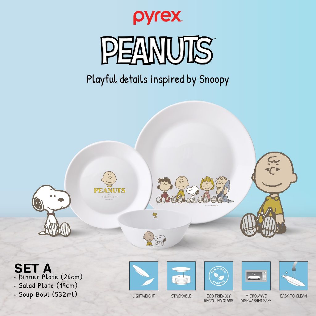 Jual PYREX Peanuts Snoopy Dinner Set 3 Pcs Pring Mangkuk Makan ...