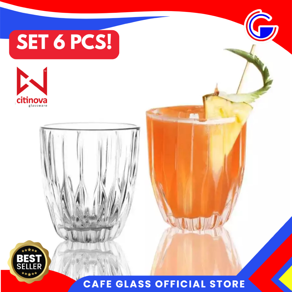 Gelas Kaca Garis Tekstur 6 Pcs Citinova MOZ - Gelas Set Cafe Hotel Aesthetic Es Teh Matcha Jus Mocktail