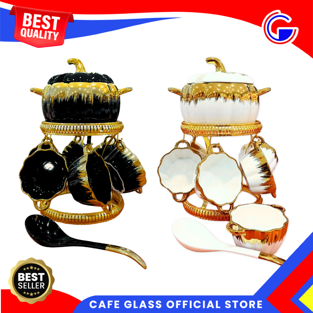 Homeline Pumpkin Panci Kuah - 6 Mangkok Sup 1 Wadah Saji Tutup Kaca 1 Eros 1 Rak Besi - Prasmanan Set Keramik Black White Gold