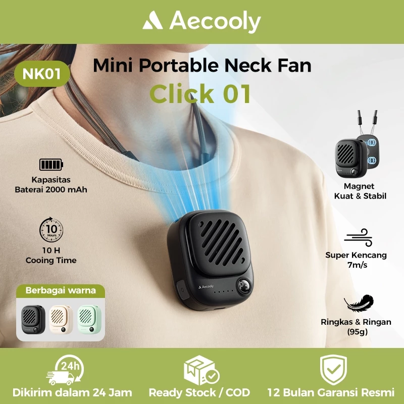 Aecooly Mini Kipas Leher Portable 95 gram dengan desain magnetic fit dan 3 tingkat kecepatan