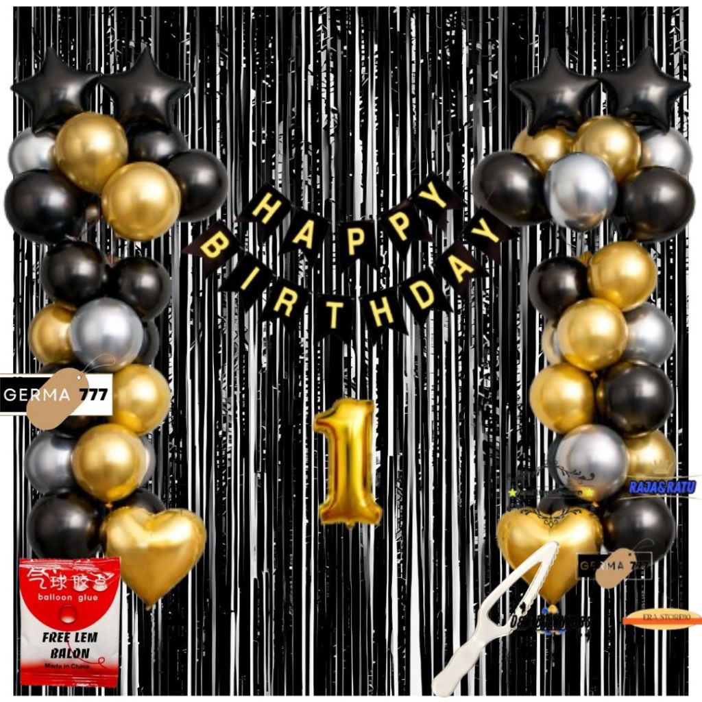 Paket Dekorasi Balon Happy Birthday Hitam Gold Silver Anak Set Pesta Ulang Tahun Dewasa Simple