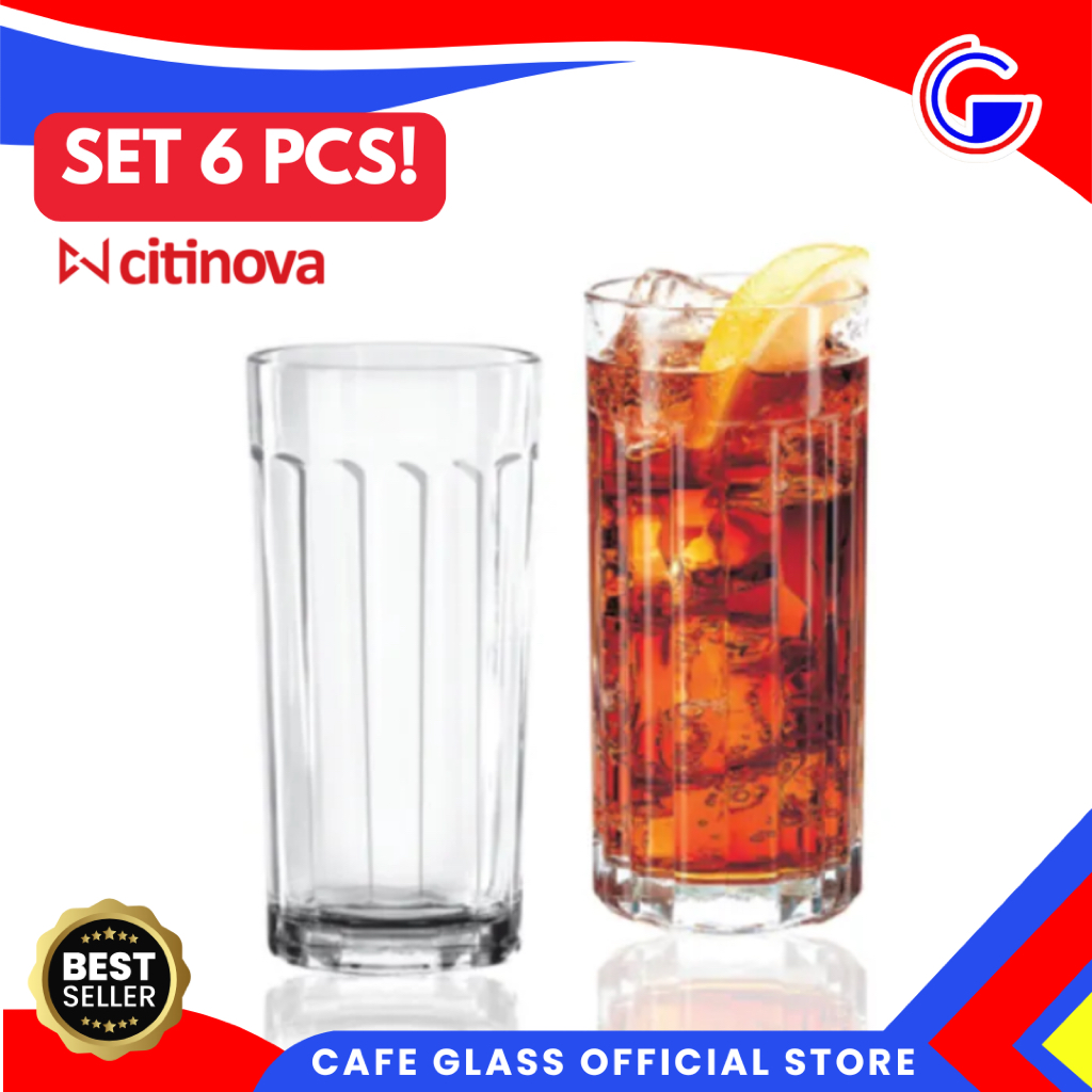 Gelas Kaca Garis Tekstur 6 Pcs Citinova Valencia - Cangkir Kopi Aesthetic Tinggi - Gelas Kristal Jus Highball