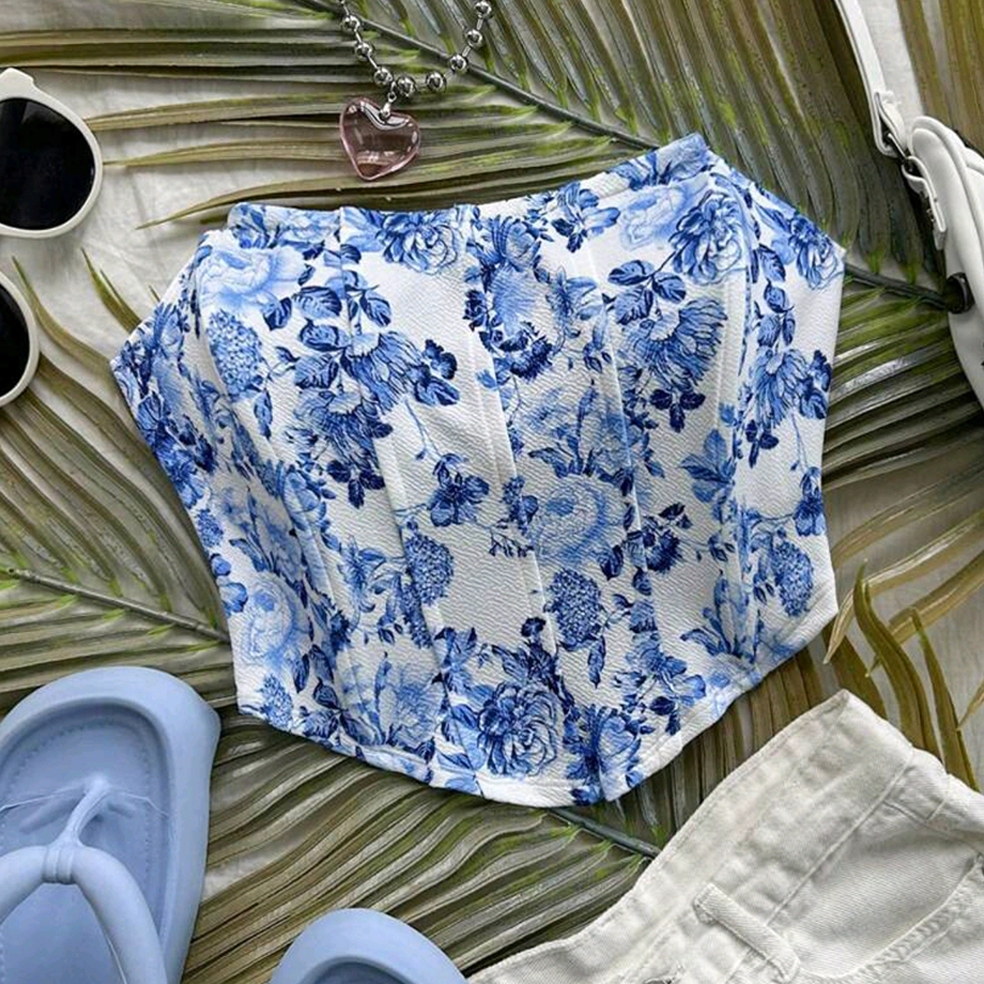 Jual Tube Top Wanita Biru Putih Floral Summer Vacation | Shopee Indonesia