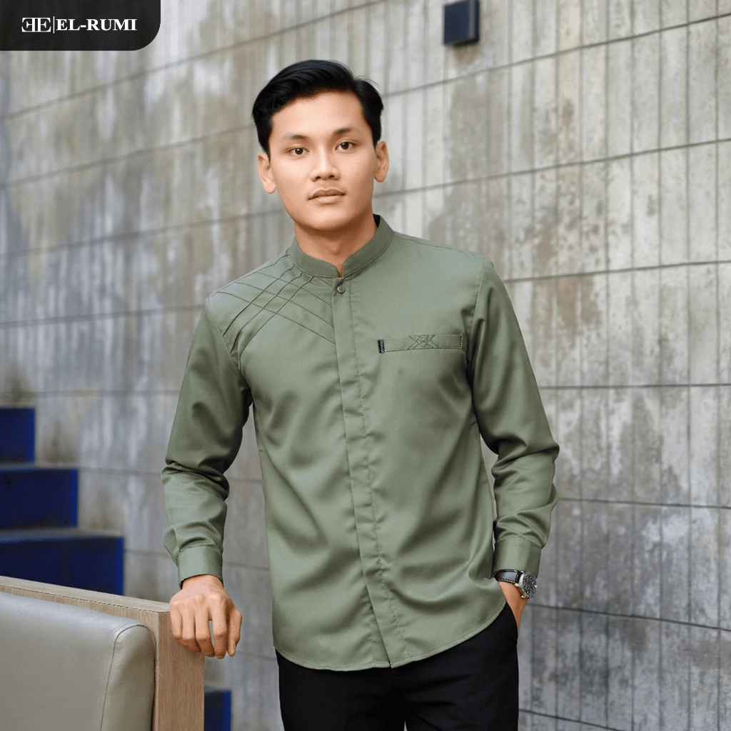 Baju Koko Pria Elrumi Lengan Panjang Motif Marvel Warna Sage