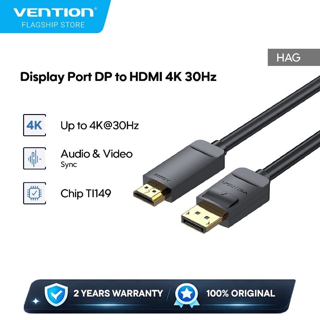 Jual Vention Kabel Display Port DP to HDMI 4K 30Hz 1M 2M 3M 5M - HAG ...