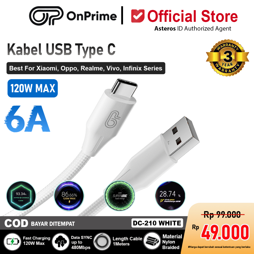 Jual ONPRIME Kabel Data USB Type C 6A Turbo Charge, Super Vooc ...