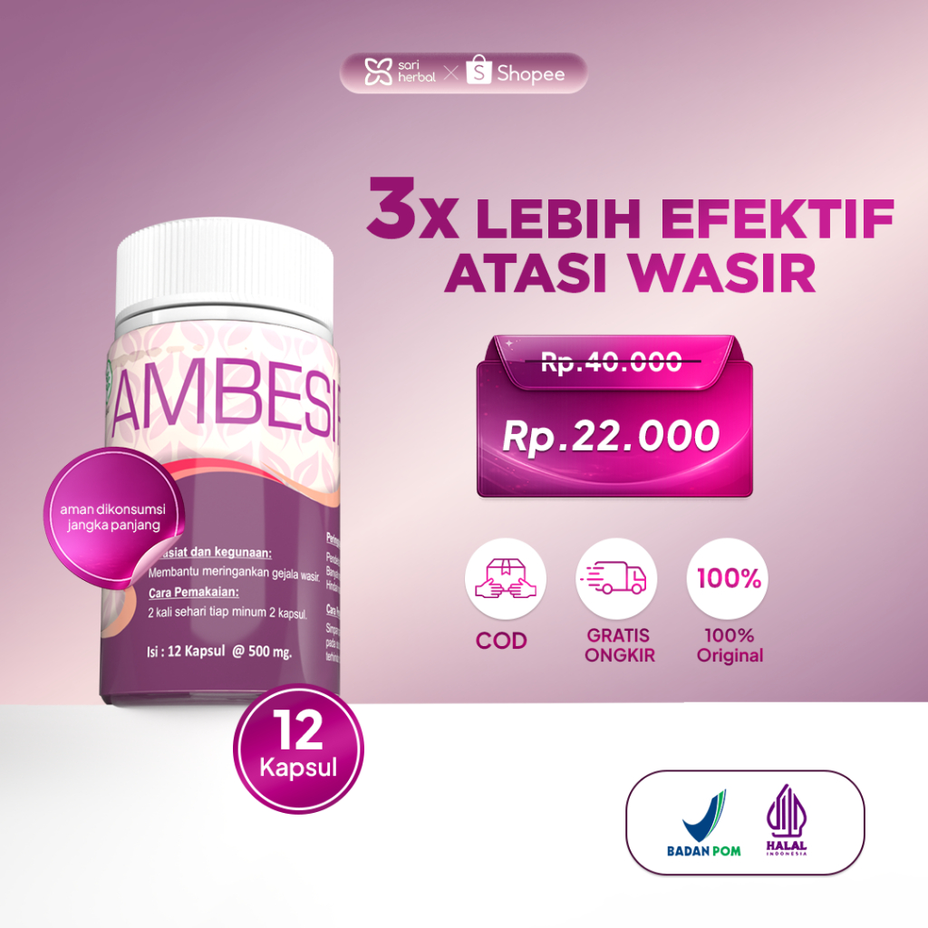 AMBESIR 12 Kapsul - Obat Herbal Ambeien Ambeyen Wasir Ekstrak Daun Ungu KEMBANG BULAN ORI BPOM Halal Aman