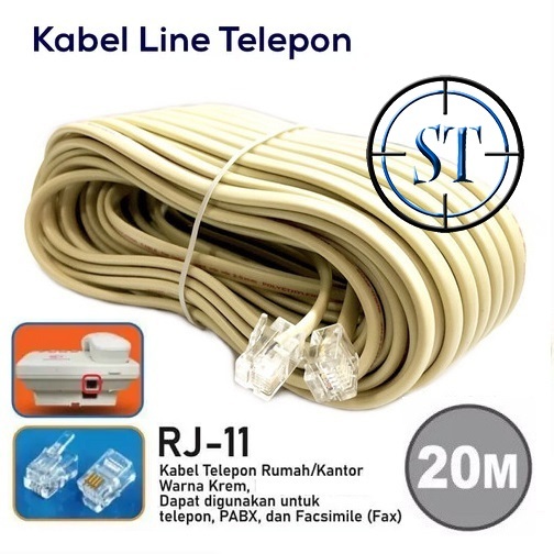 Jual Kabel Line Telepon 20M + Jack RJ11 Kabel Telpon Panjang 20 Meter ...