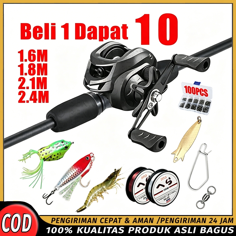 Paket Joran Casting BC AK200 Hitam 1.6–2.4M, Beli 1 Dapat 10, Alat Pancing Lengkap Kuat Murah