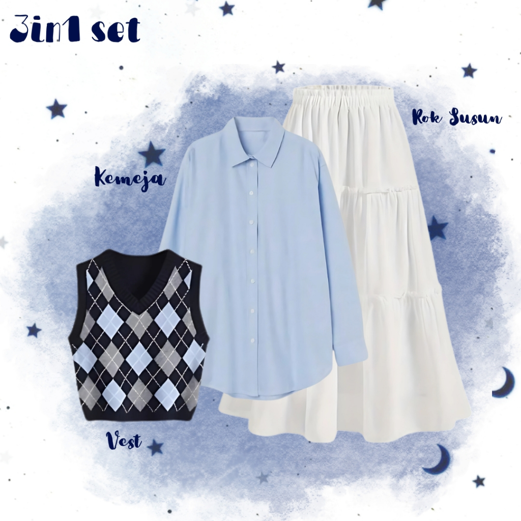 Jual Outfit Set Bonnie Setelan ( Kemeja + Rok Susun + Vest Diamond Biru ...