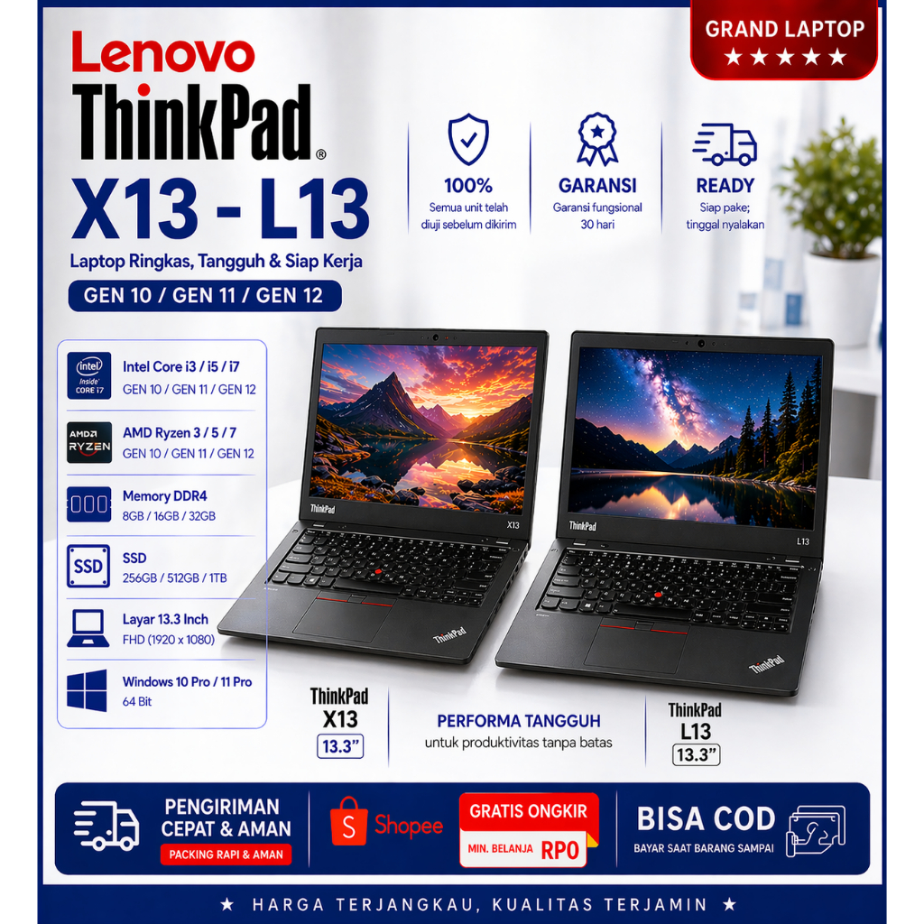 LAPTOP LENOVO THINKPAD L13 X13 CORE i3/I5/I7 GEN 10/11/12/13 RYZEN 3 PRO/ 5PRO/7PRO LIKE NEW PALING MULUS WORT IT TO BUY