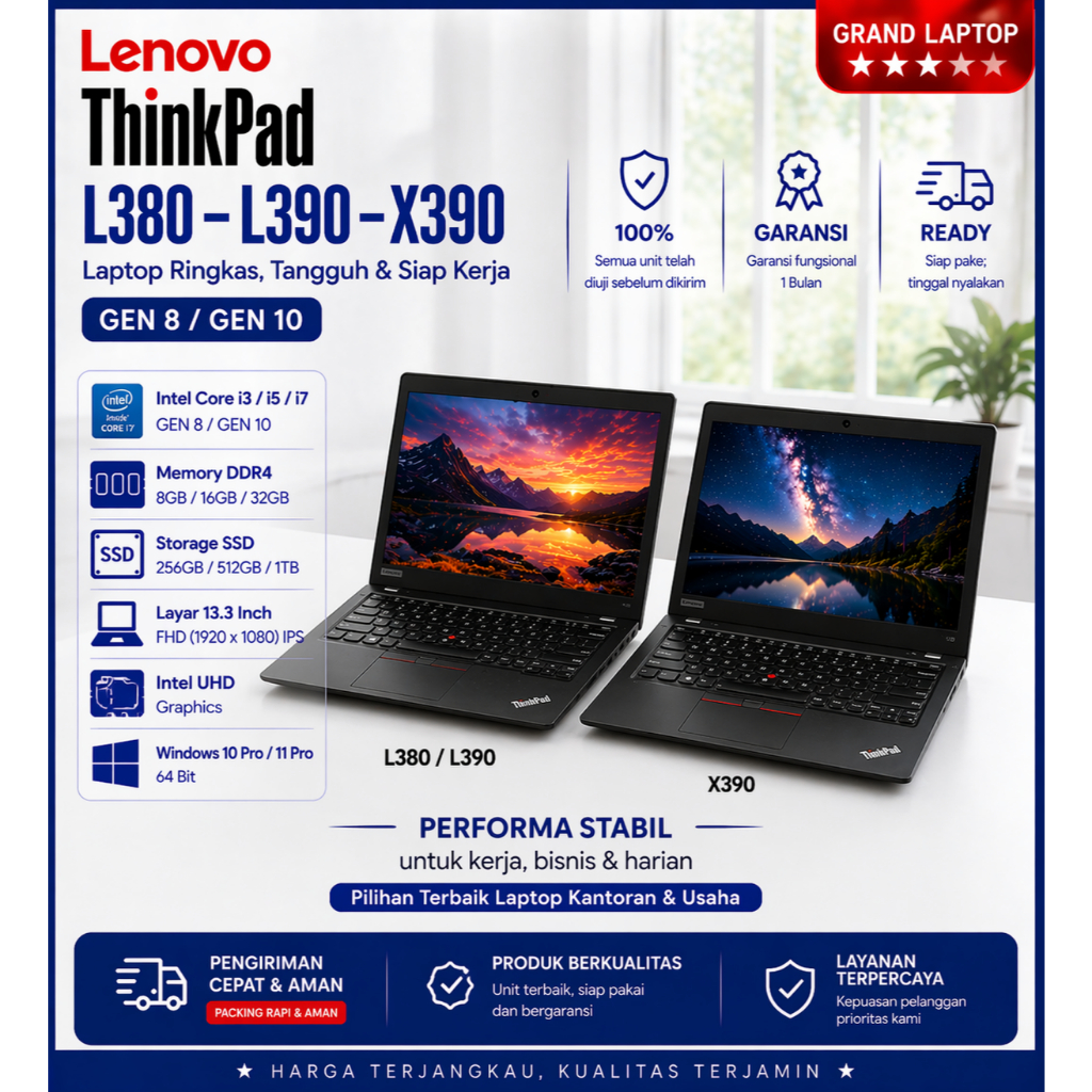 Laptop Lenovo Thinkpad X390 L380 L390 Core I5/I7 Gen 8 10 - Layar 13,3" Inch LIKE NEW SUPER MURAH MULUS BERGARANSI