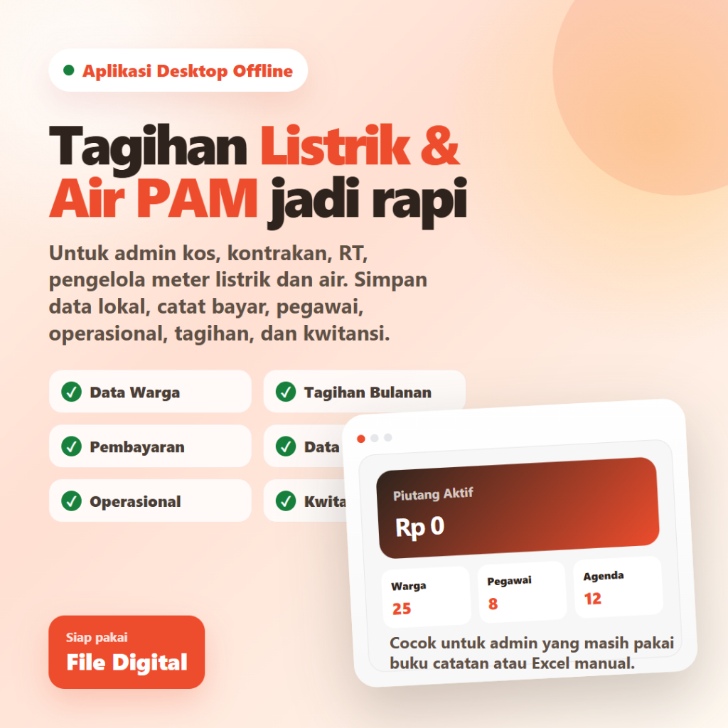 ID-Tech Aplikasi Tagihan Warga Desktop | Listrik, Air PAM, Kwitansi, Arus Kas