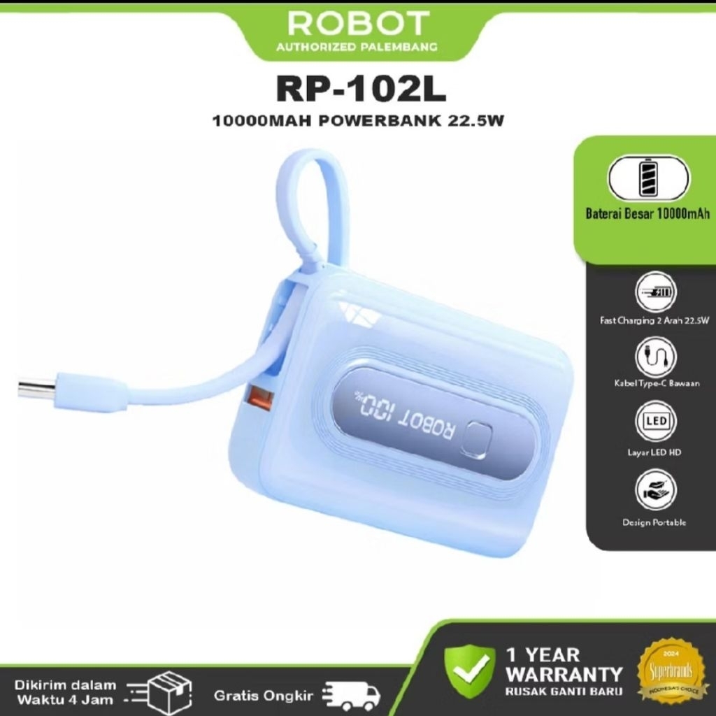 Robot RP-102L Powerbank Mini 10000mAh 22.5W Fastcharging Indikator Baterai Display Original Robot