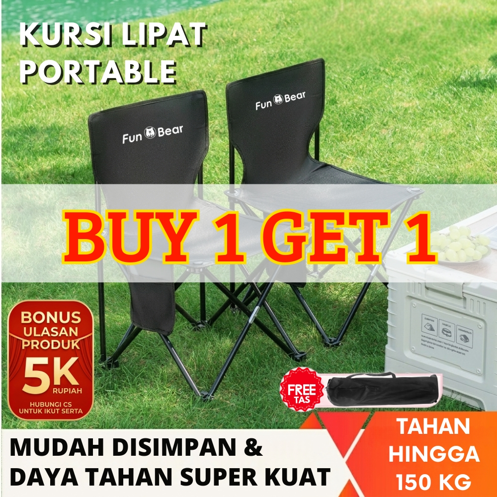 FUN BEAR Kursi Lipat Camping Kuat Rangka Besi Tebal Kursi Outdoor Jumbo Portable Saku Samping - Kursi Mancing Tahan Beban XL - 4XL