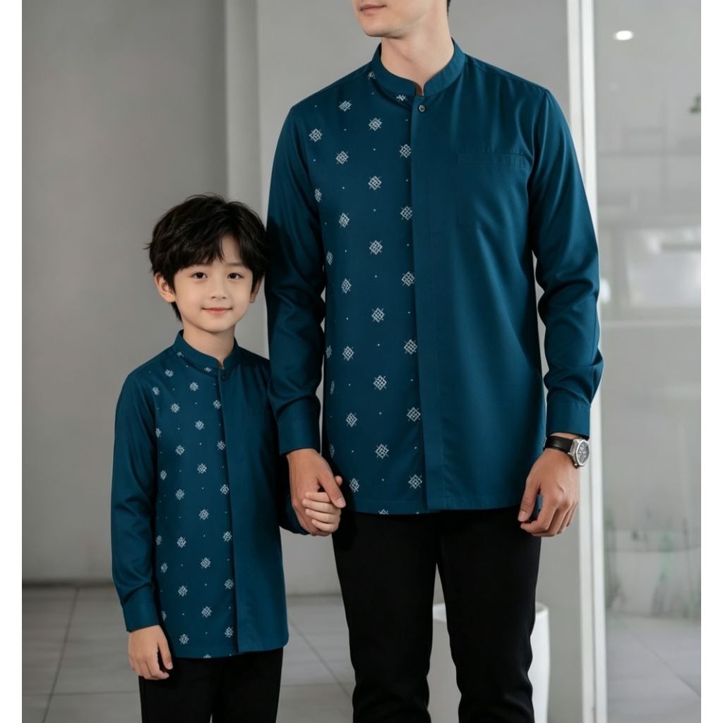 Kemko Pria Lengan Panjang Dan Pendek Couple Ayah Dan Anak Warna Blue Emerald Motif Toyobo Sublim Premium