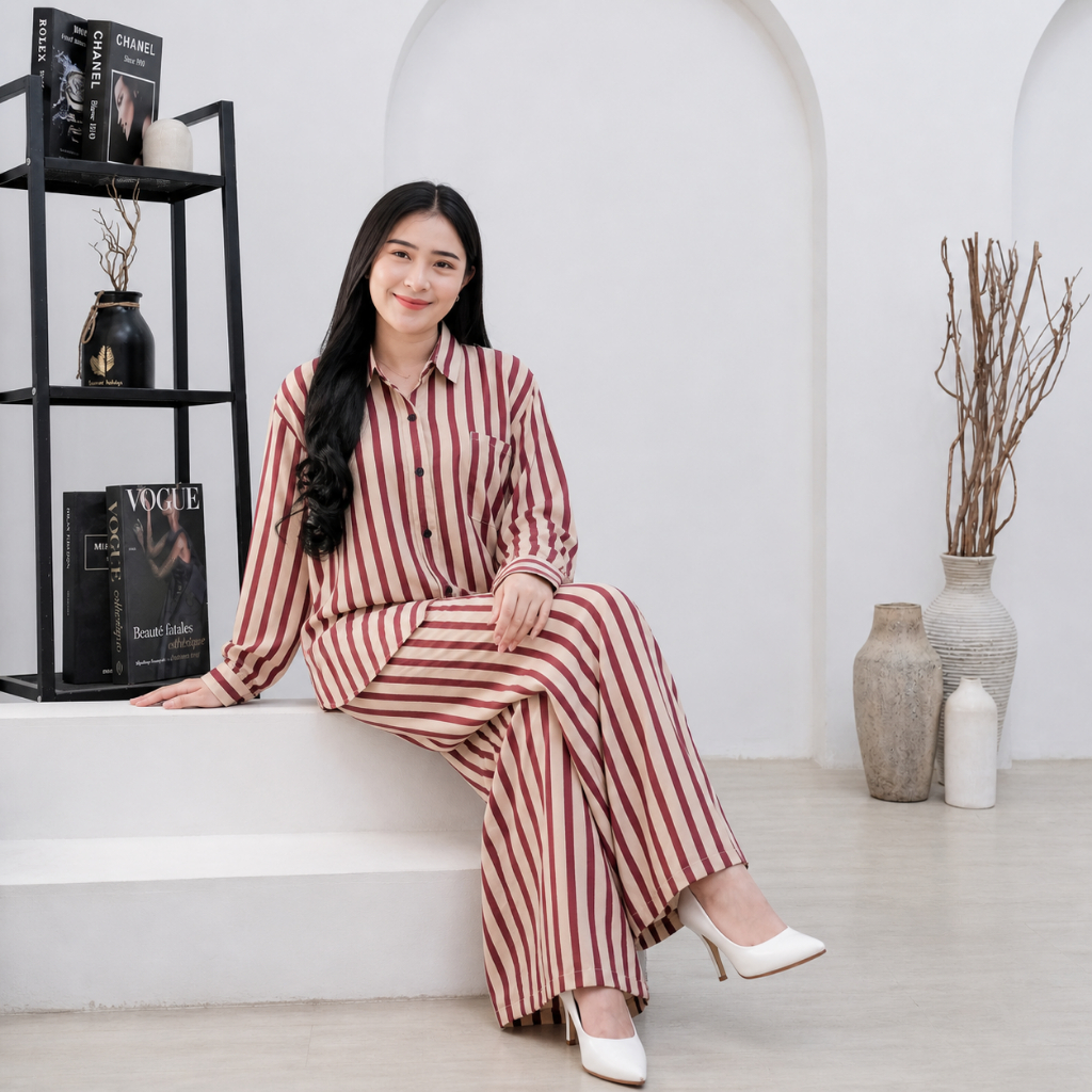 Salur Setelan Kemeja & Celana Garis Elegan 8
