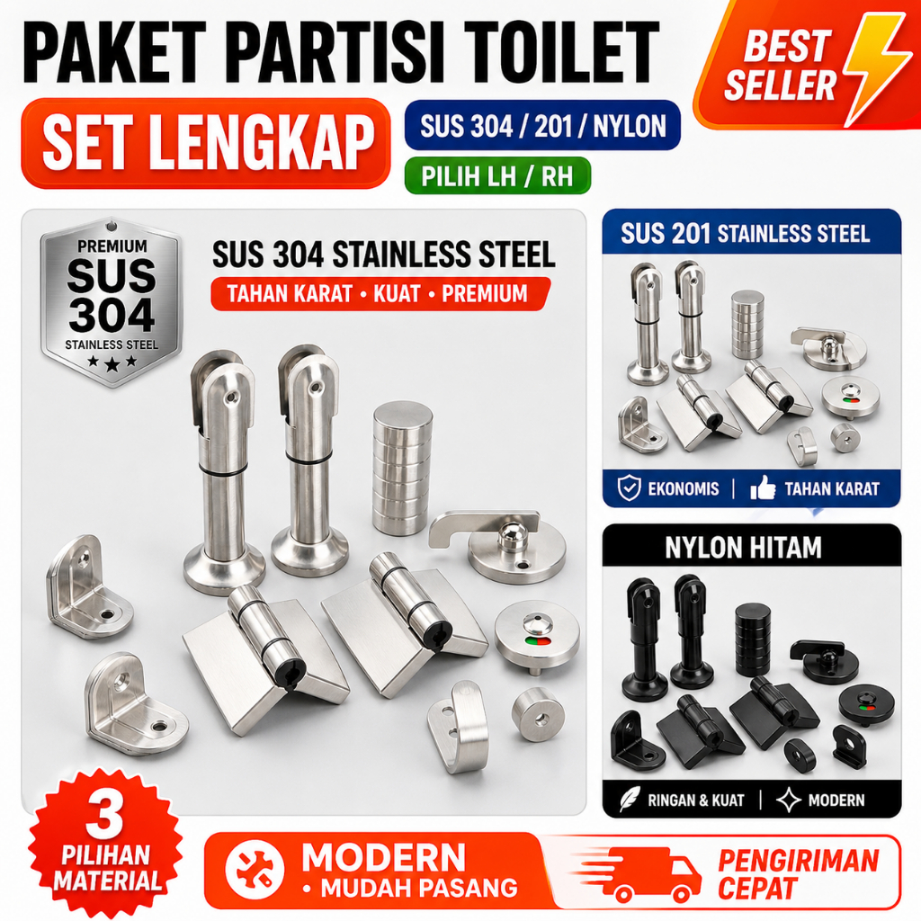 Paket Partisi Toilet Stainless Steel 304 & 201 + Nylon | Set Lengkap Aksesoris WC | Pilih LH / RH | Modern & Tahan Lama