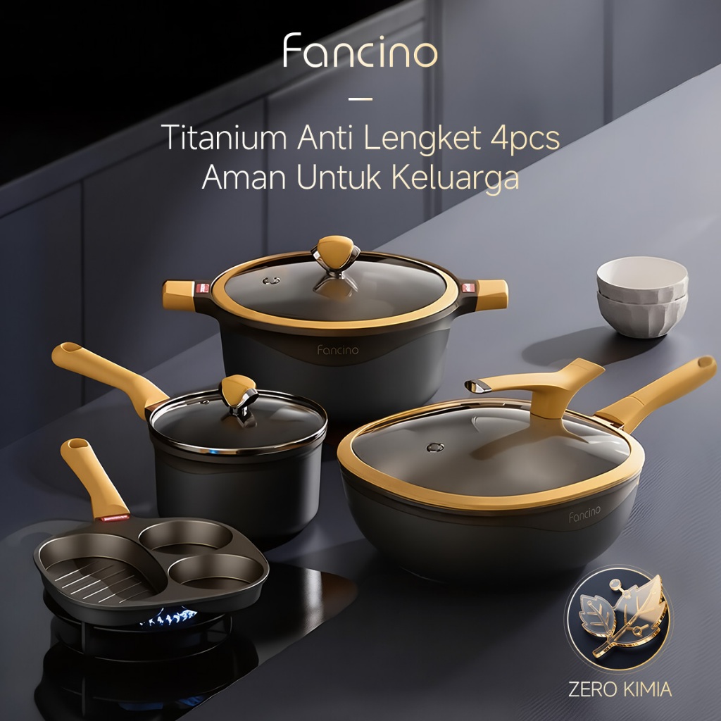 Fancino Set Peralatan Masak Titanium 4in1 - Wajan, Panci Sup 7L, Panci Susu & Wajan Sarapan, Paket Lengkap Dapur Keluarga & MPASI