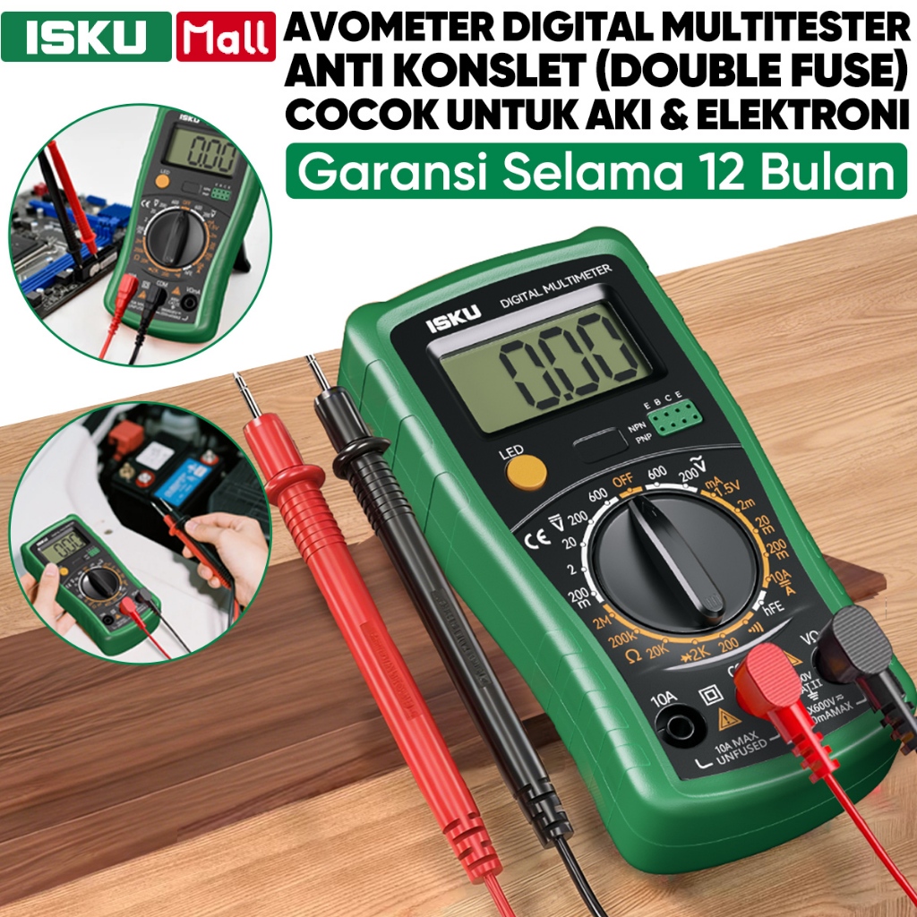 ISKU Digital Multimeter 600V Pengukur Tegangan Listrik Presisi Tinggi Anti Salah Sambung Perlindungan Fuse Avometer Alat Servis Teknisi Elektronik Pabrik Cek Arus Resistor Transistor Dioda Akurat Heavy Duty