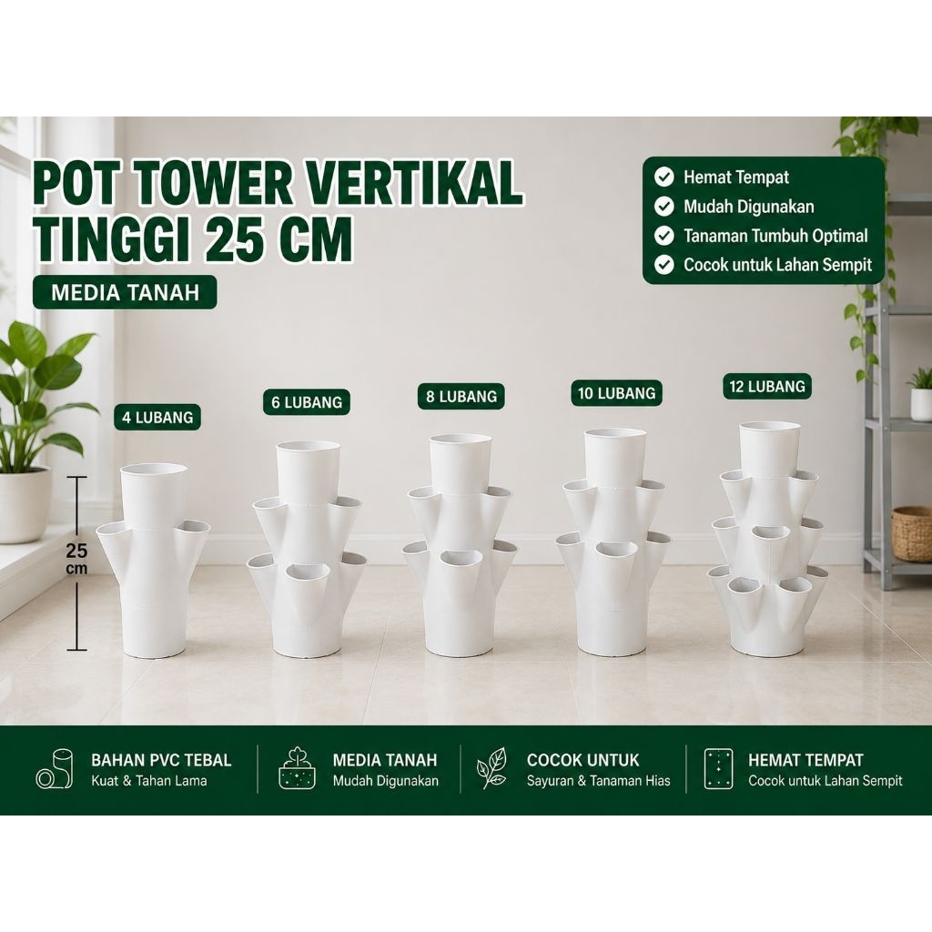 Pot Tower Vertikal Pipa PVC 3 inchi 50cm siap pakai media tanah dan hidrophonik