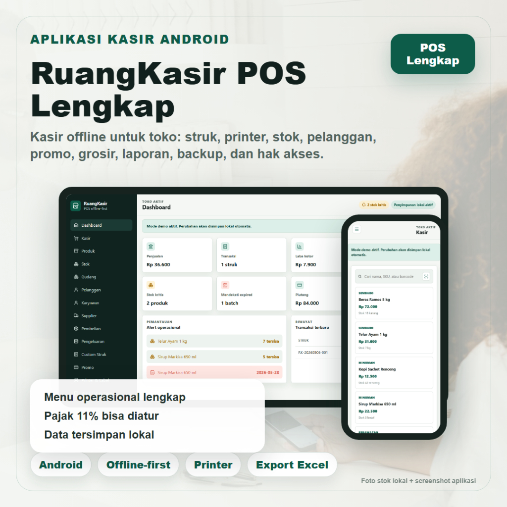 Aplikasi Kasir Android RuangKasir POS Offline Lengkap untuk Toko Warung Retail Grosir Printer Struk Barcode