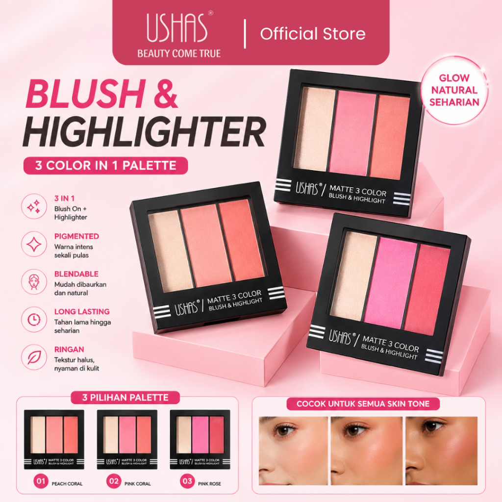 Jual USHAS Matte 3 Color Blush On dan Highlight 4.2 Gram Kosmetik Merah ...