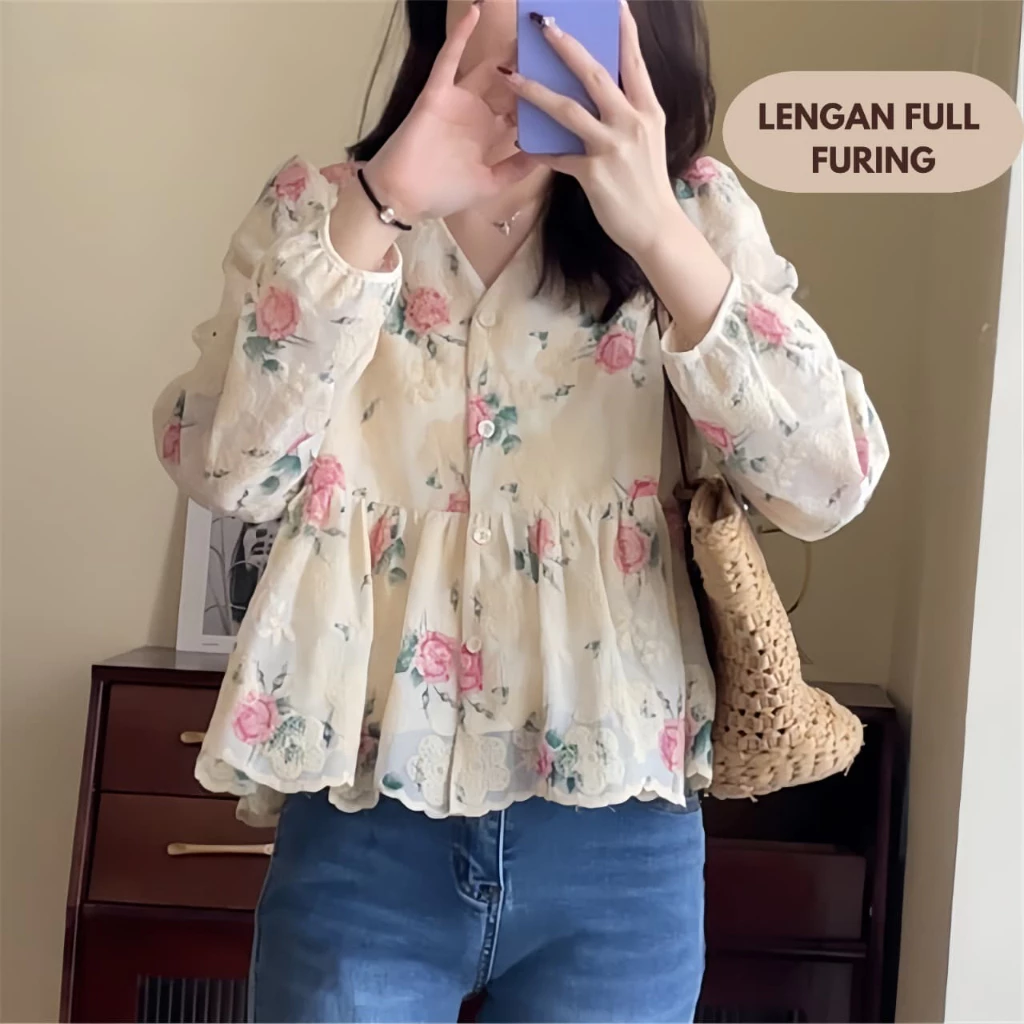 KIWI[MAWAR]Blouse Korea motif bunga lengan panjang hijab friendly - foto 1